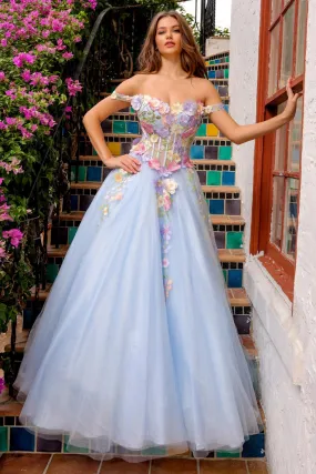Off Shoulder Embroidered Bodice Tulle Skirt Long Prom Dress