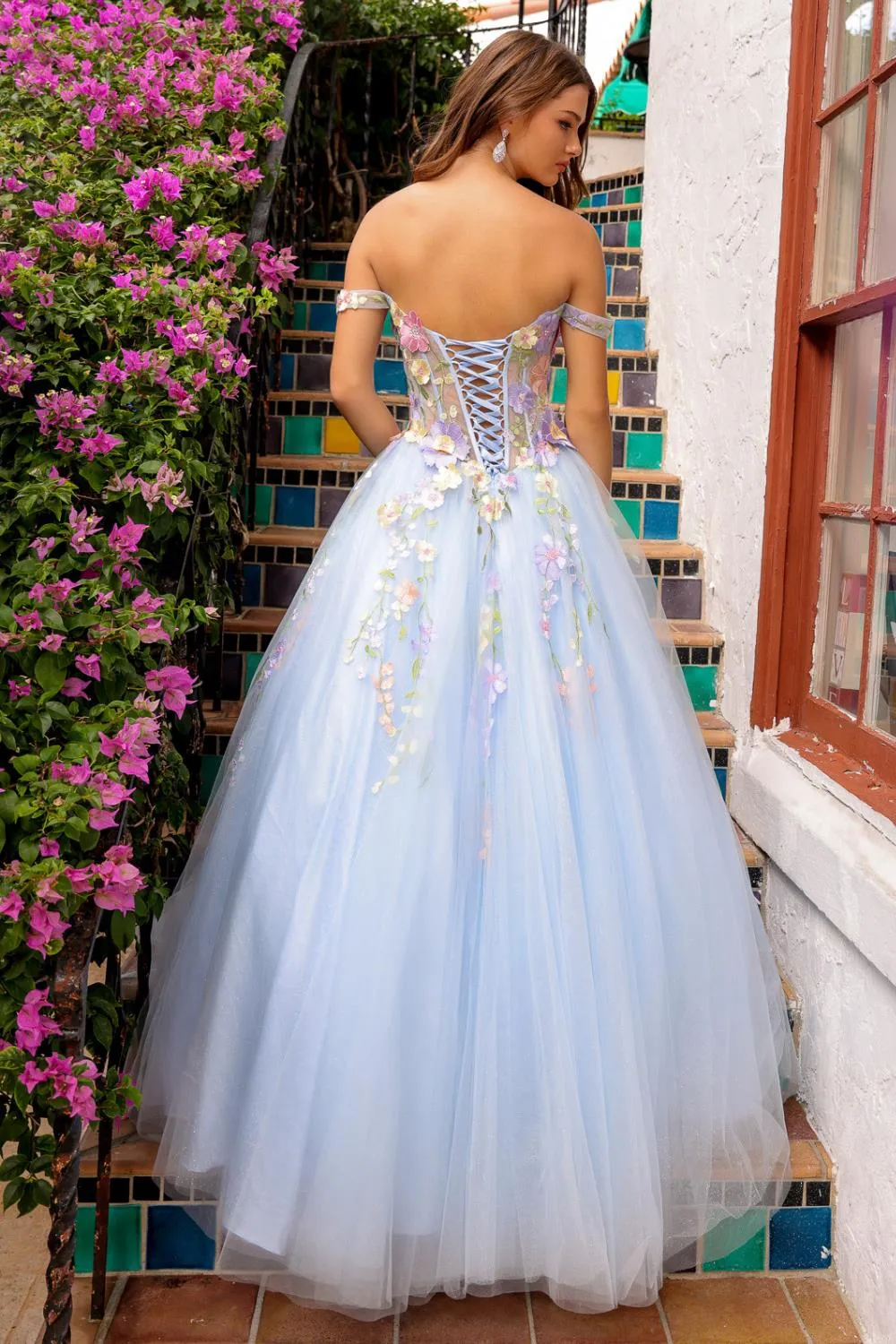 Off Shoulder Embroidered Bodice Tulle Skirt Long Prom Dress