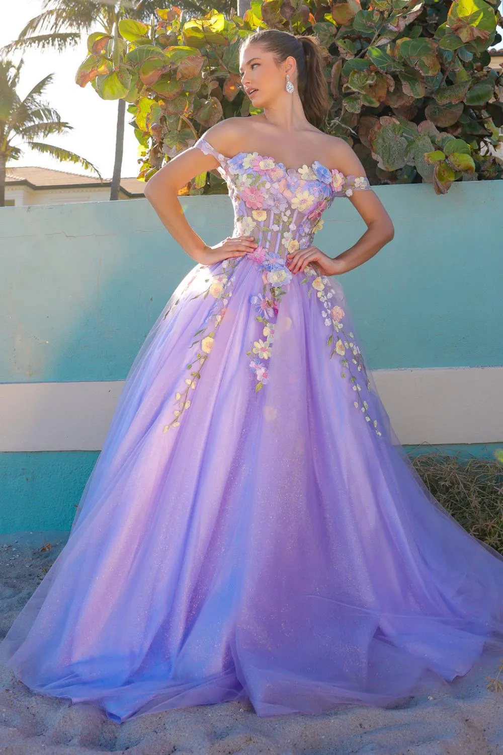 Off Shoulder Embroidered Bodice Tulle Skirt Long Prom Dress