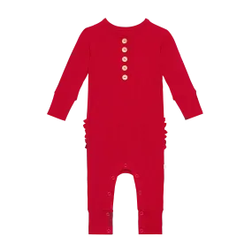 Posh Peanut Crimson Ribbed Long Sleeve Henley Ruffled Romper