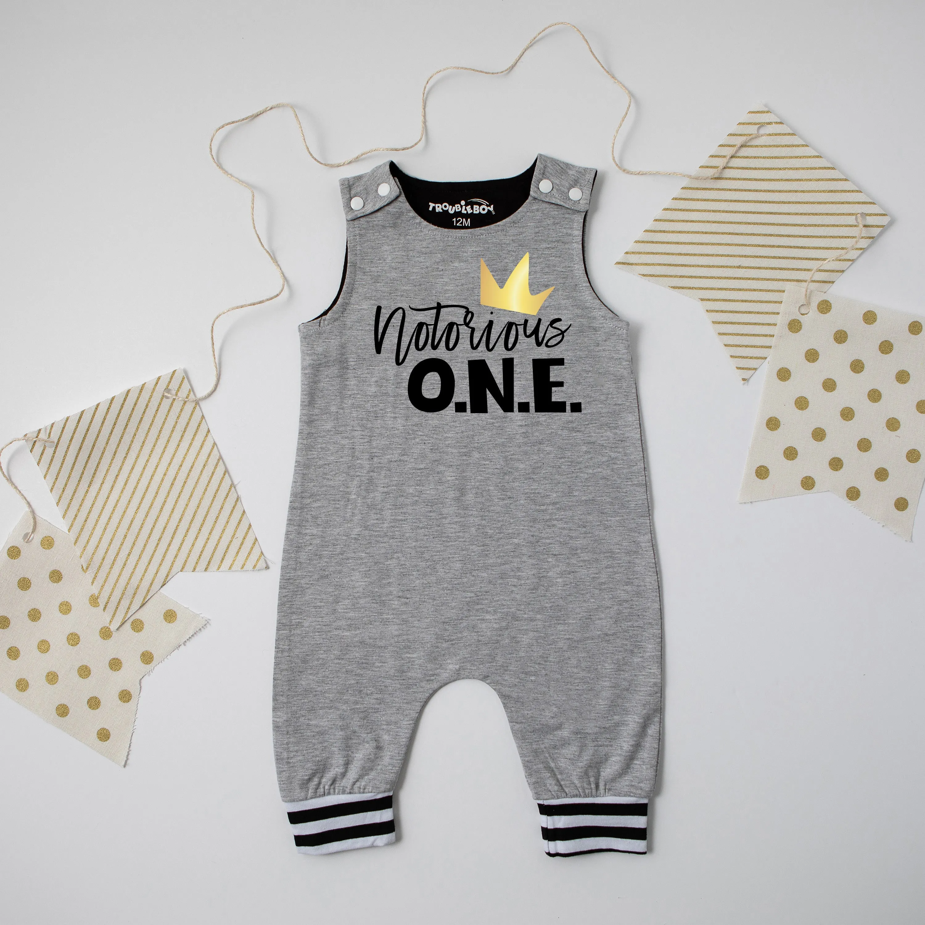 "Notorious One" Hip Hop First Birthday Personalized Romper with Striped Cuff