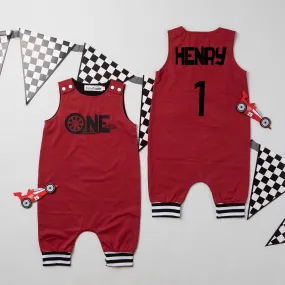 "One" Racecar Themed Birthday Romper with Striped Cuff