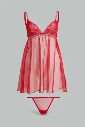 Red Lace Baby Doll With Thong (2 Piece)
