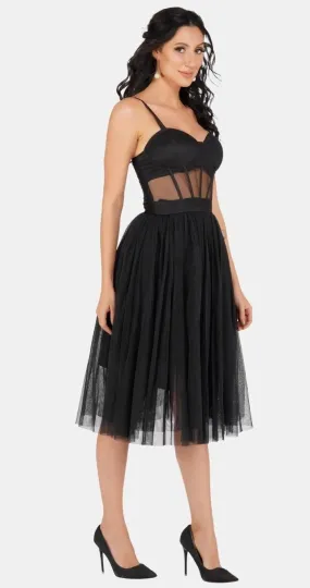 Rita Corset Tulle Midi Dress In Black.