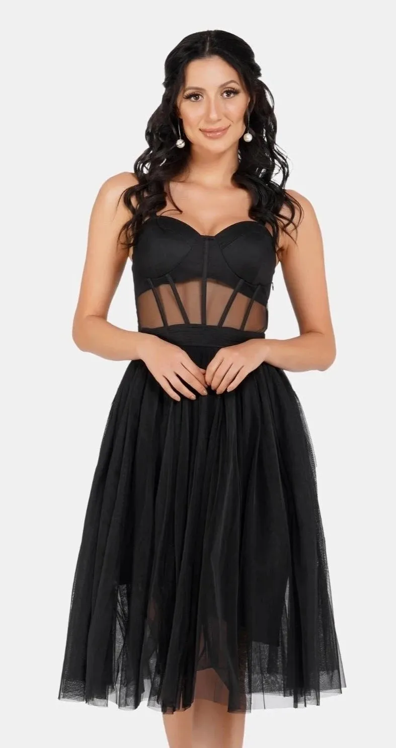 Rita Corset Tulle Midi Dress In Black.