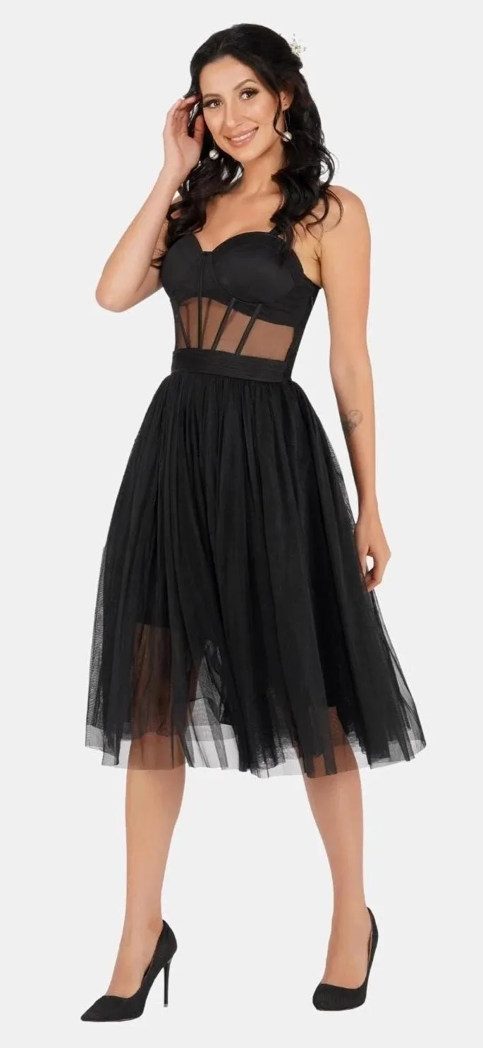 Rita Corset Tulle Midi Dress In Black.