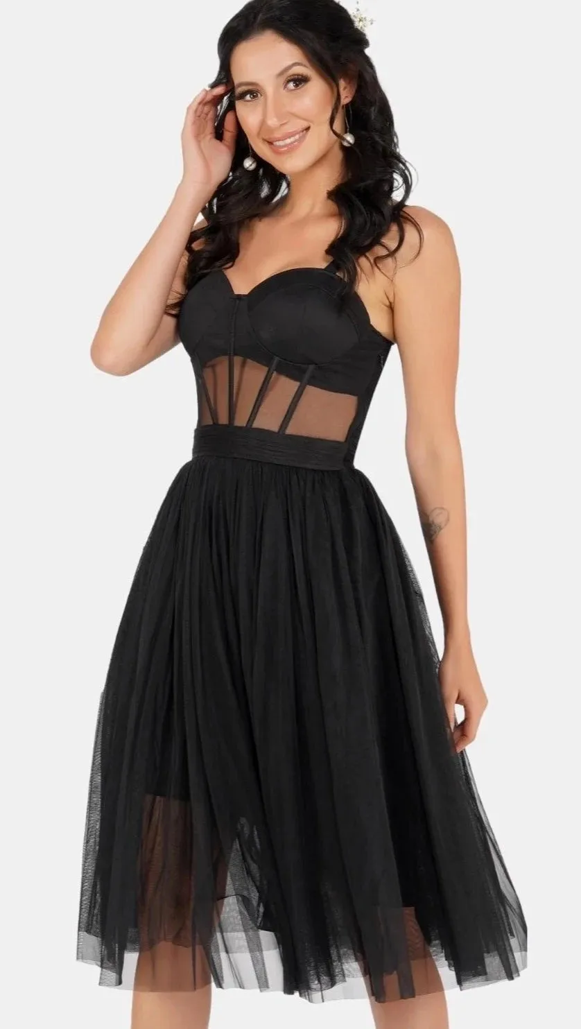 Rita Corset Tulle Midi Dress In Black.