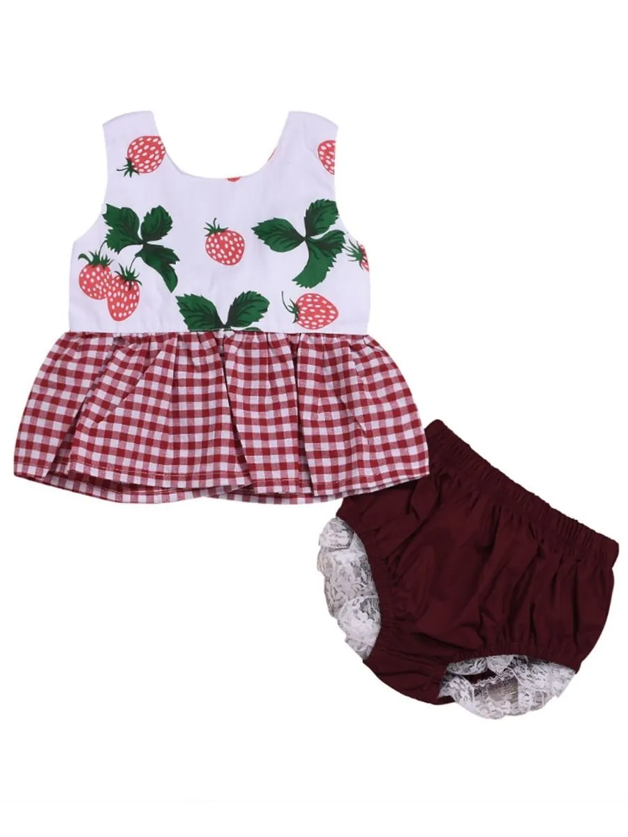 Sleeveless Strawberry Checked Dress Lace-trimmed Bread Pants for Baby Little Girl