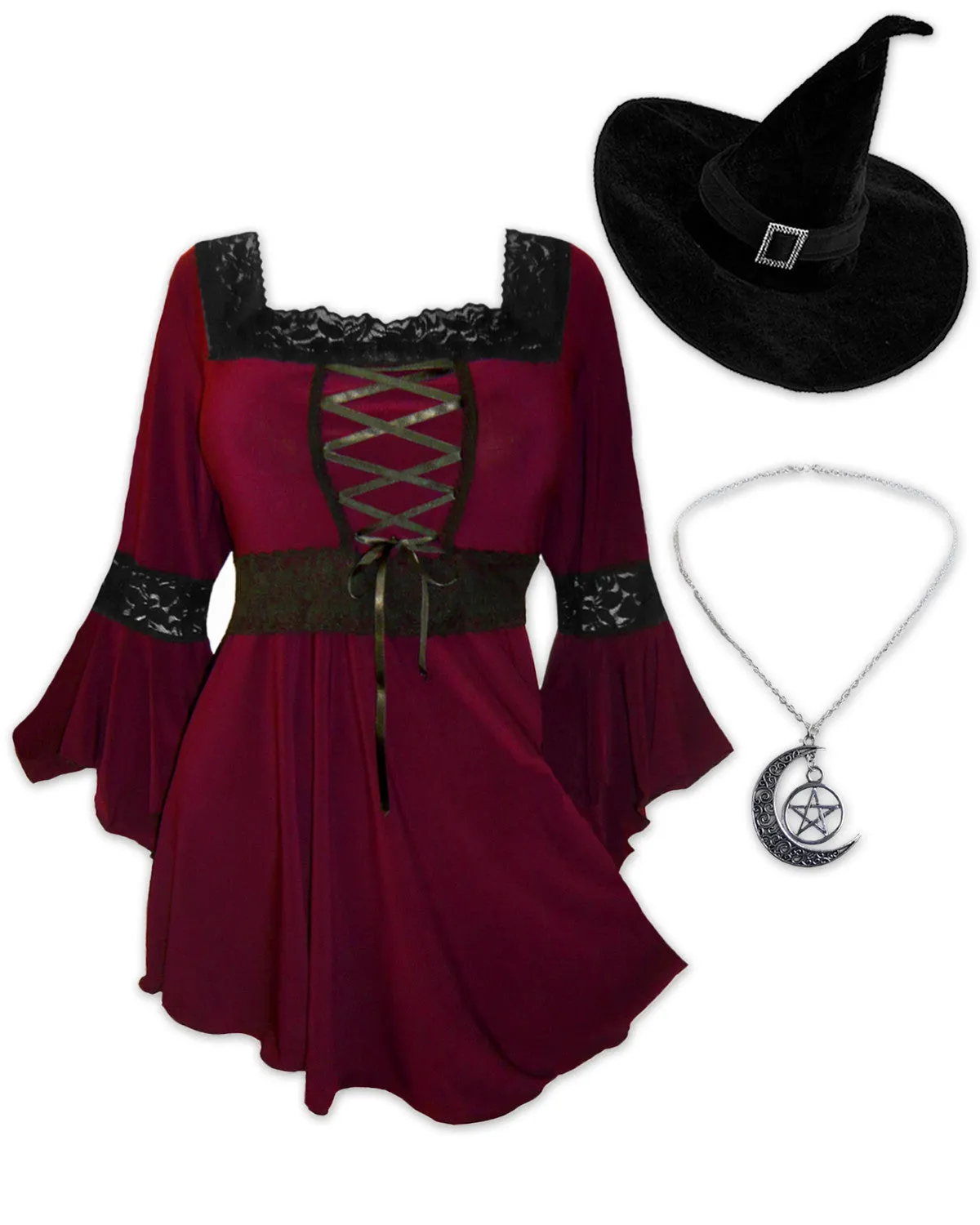Spellcaster Witch Costume with Renaissance Top, Burgundy