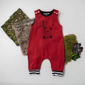 Teddy Bear Themed 1st Birthday Romper with Striped Cuff