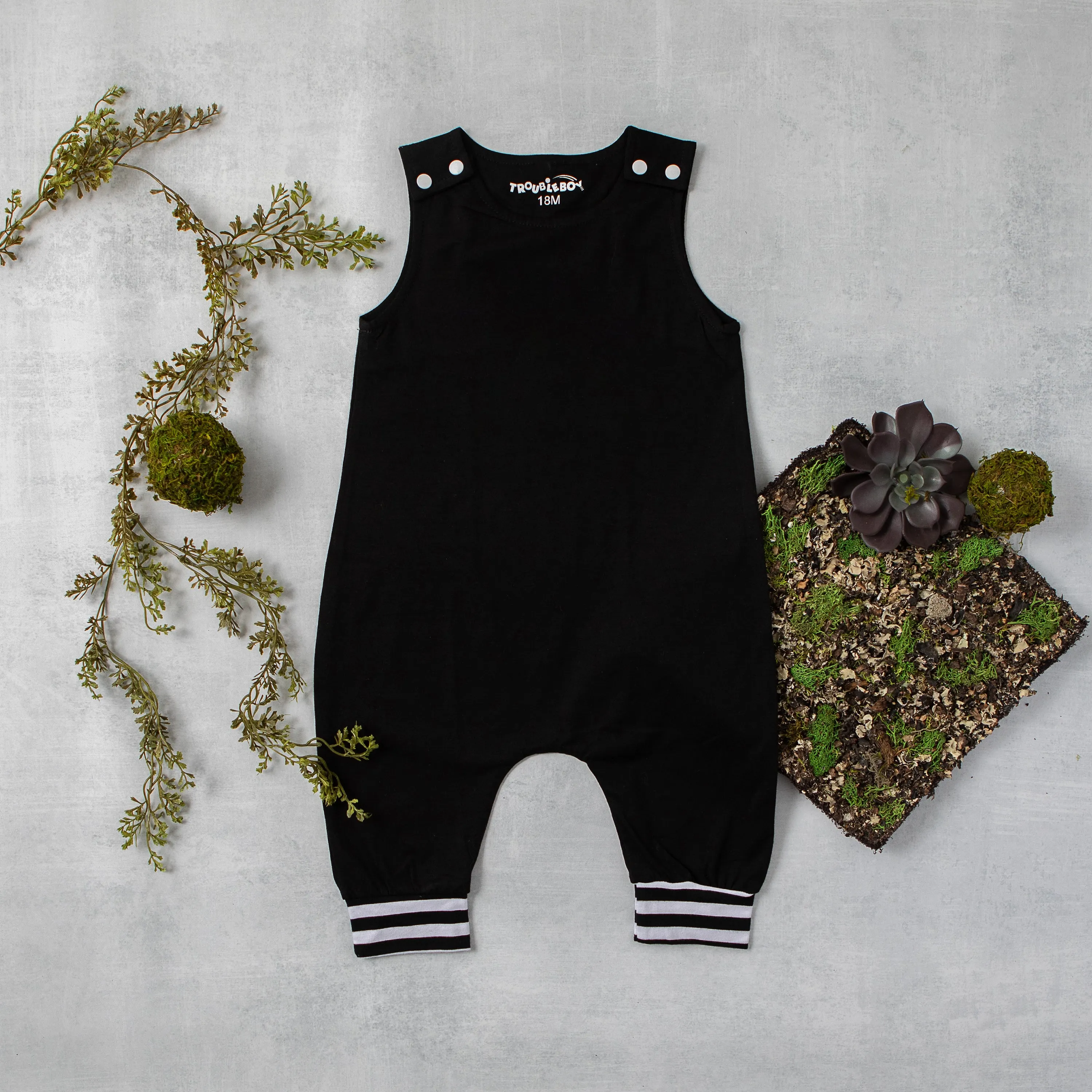 TroubleBoy® Black, Red, or Gray Blank Romper with Striped Cuff