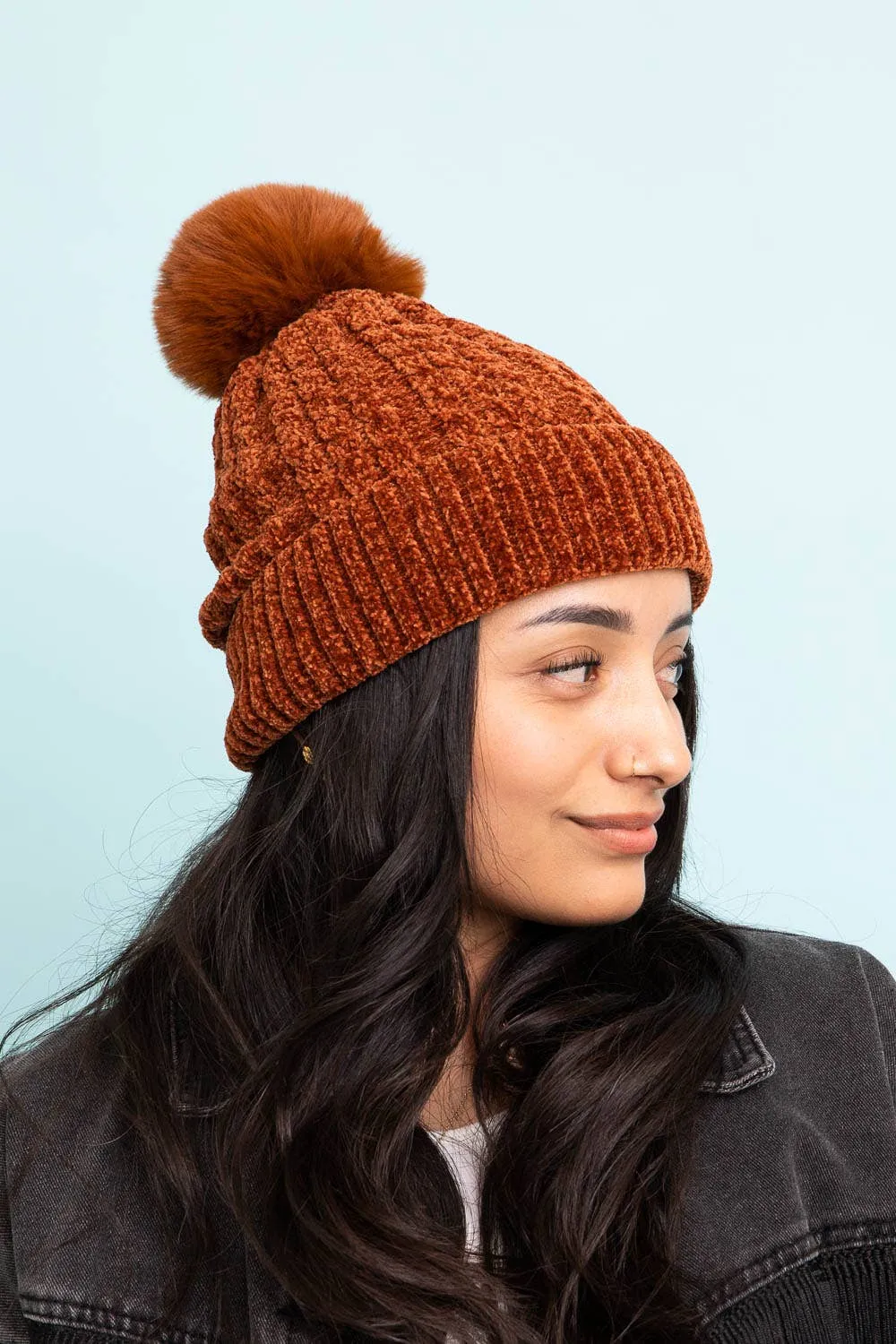 Velvet Cable Knit Pom Beanie (2 Colors)