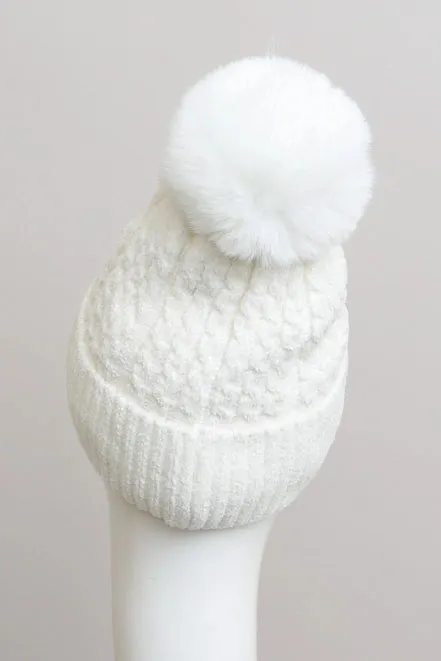 Velvet Cable Knit Pom Beanie (2 Colors)