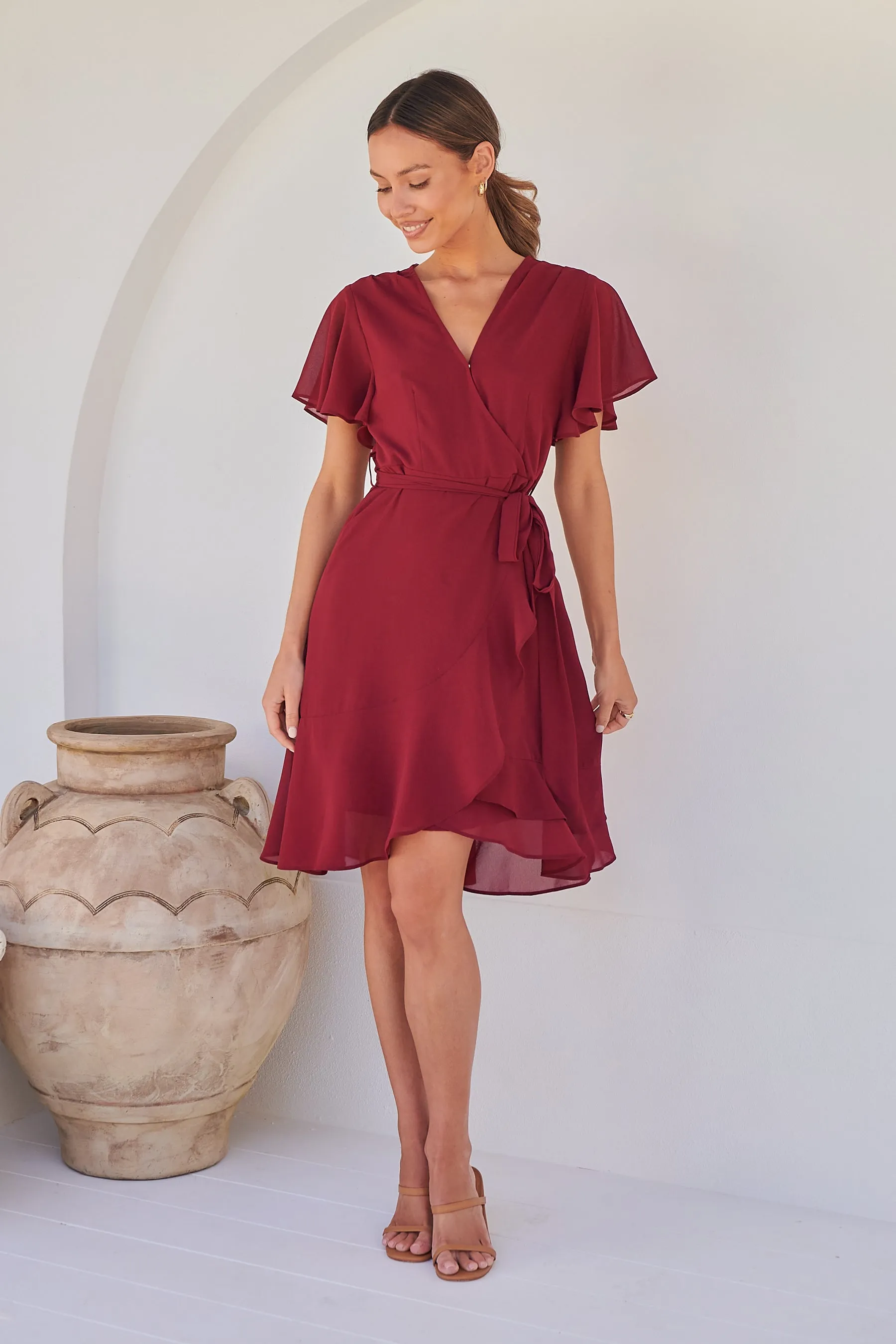 Zahara Chiffon Plum Red Cross Over Tie Waist Evening Dress