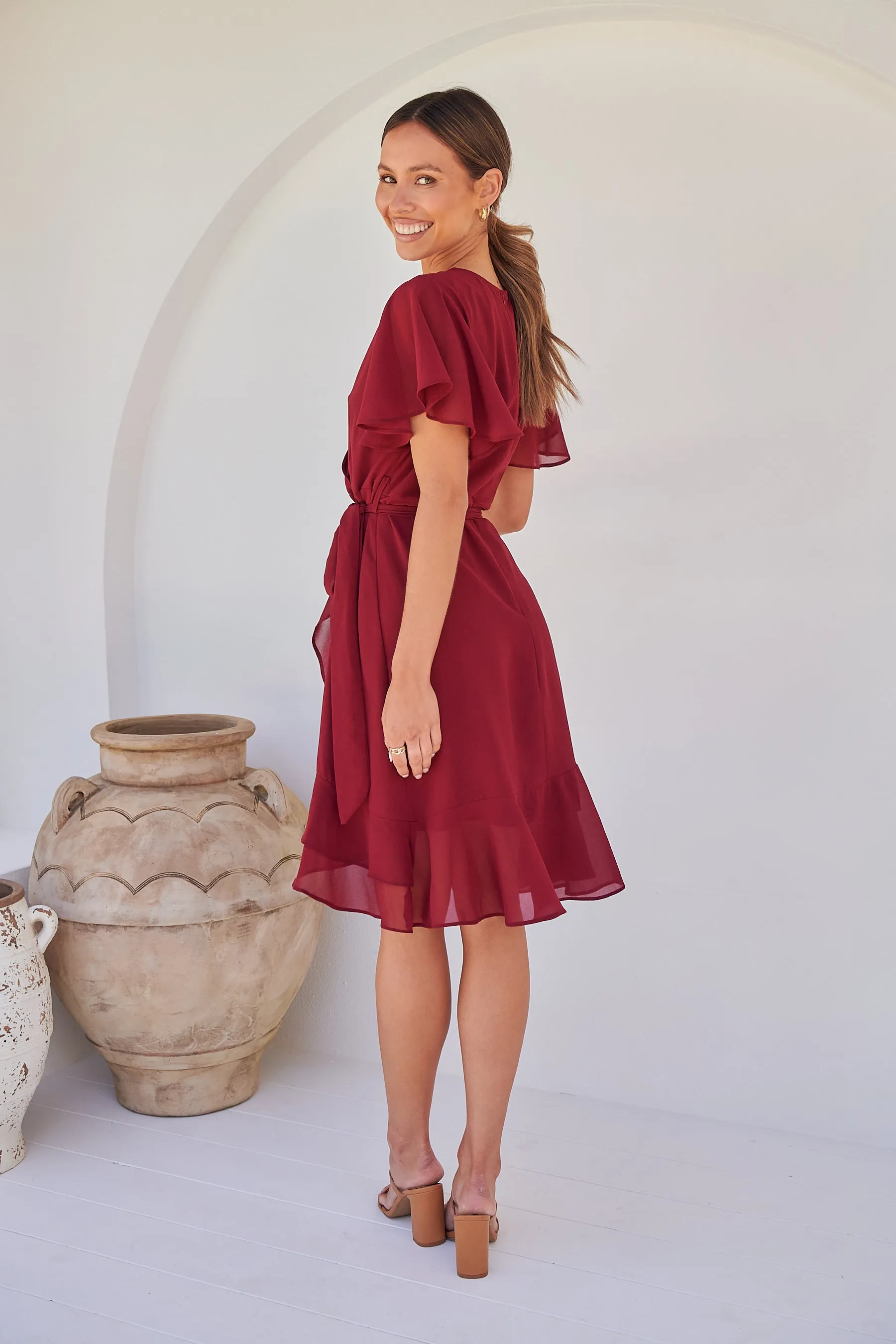 Zahara Chiffon Plum Red Cross Over Tie Waist Evening Dress