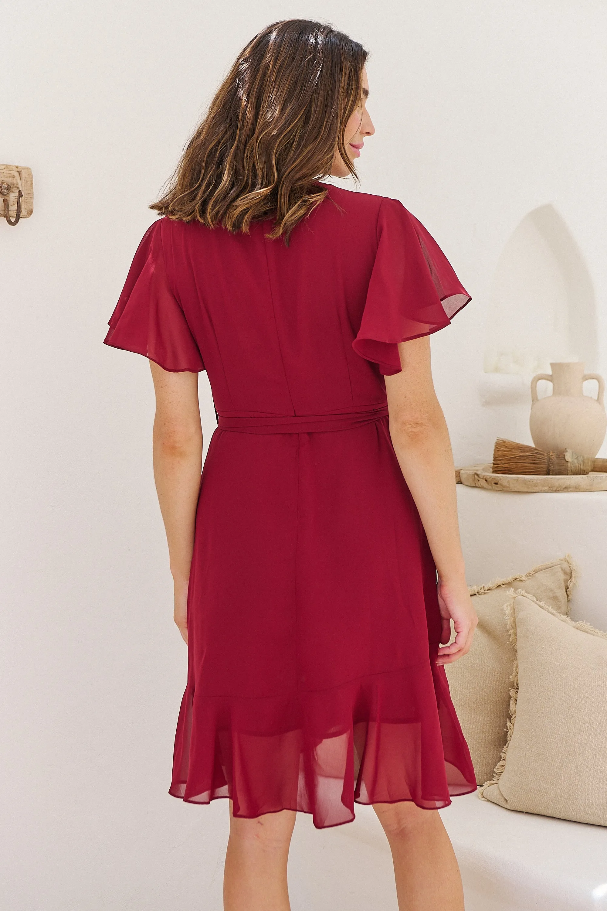 Zahara Chiffon Plum Red Cross Over Tie Waist Evening Dress