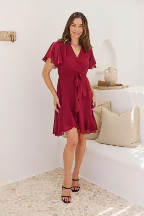 Zahara Chiffon Plum Red Cross Over Tie Waist Evening Dress