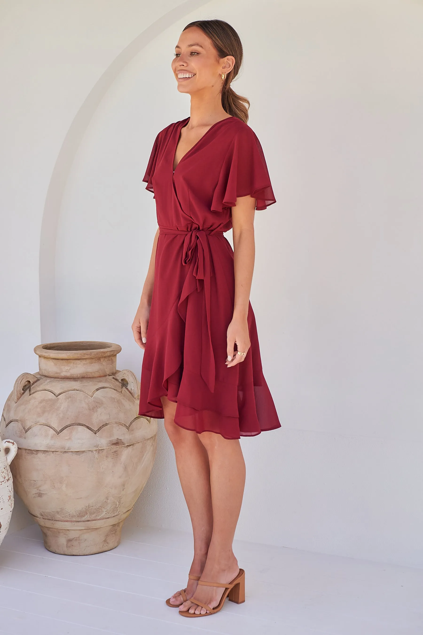 Zahara Chiffon Plum Red Cross Over Tie Waist Evening Dress