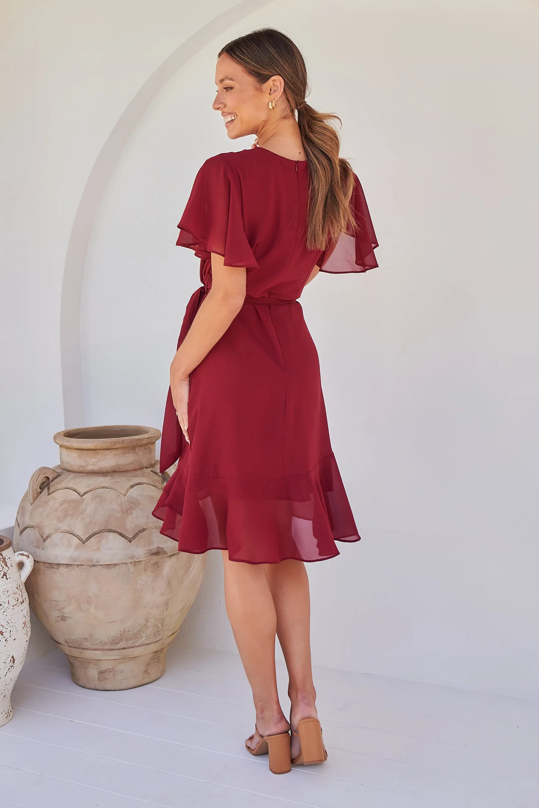 Zahara Chiffon Plum Red Cross Over Tie Waist Evening Dress