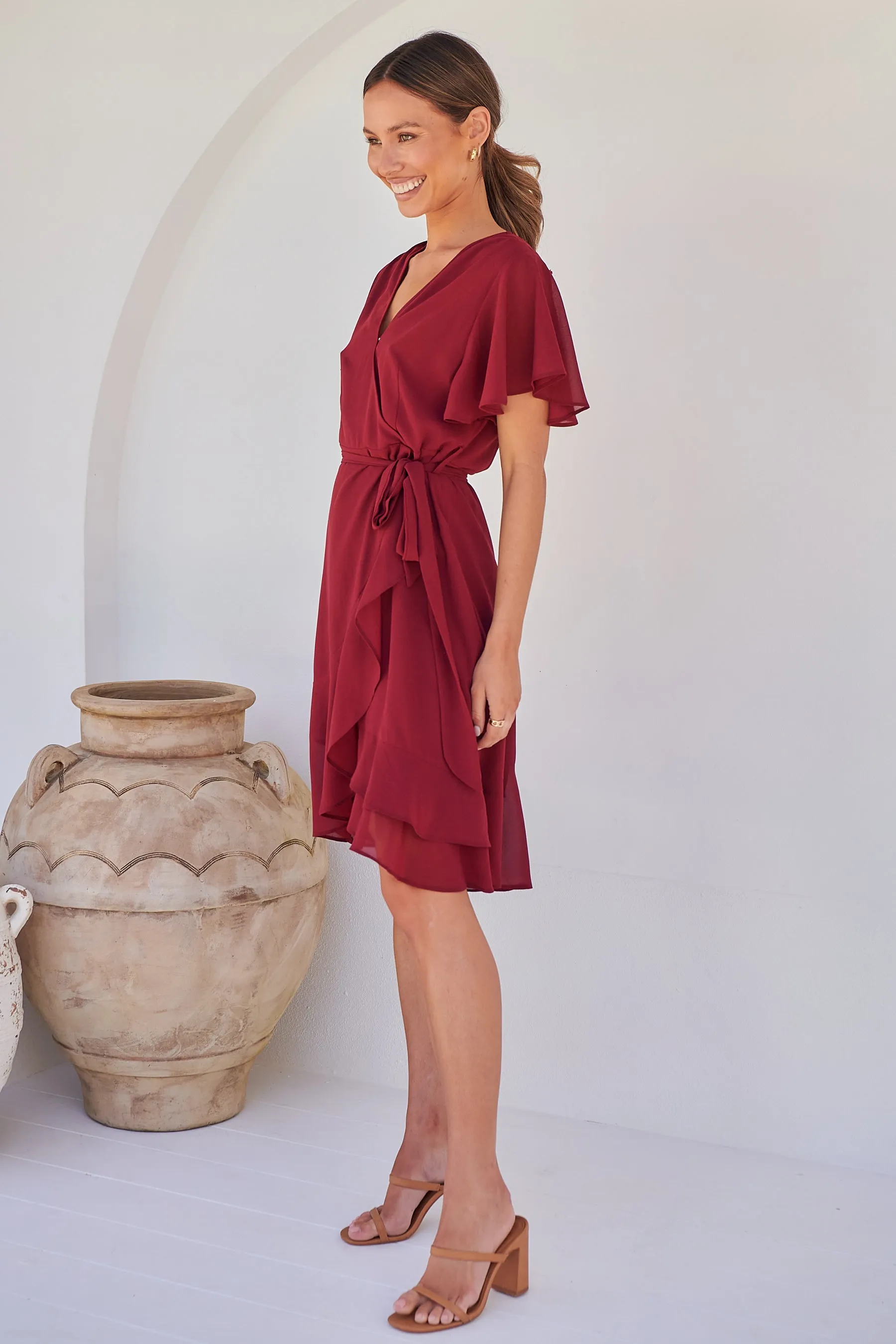 Zahara Chiffon Plum Red Cross Over Tie Waist Evening Dress