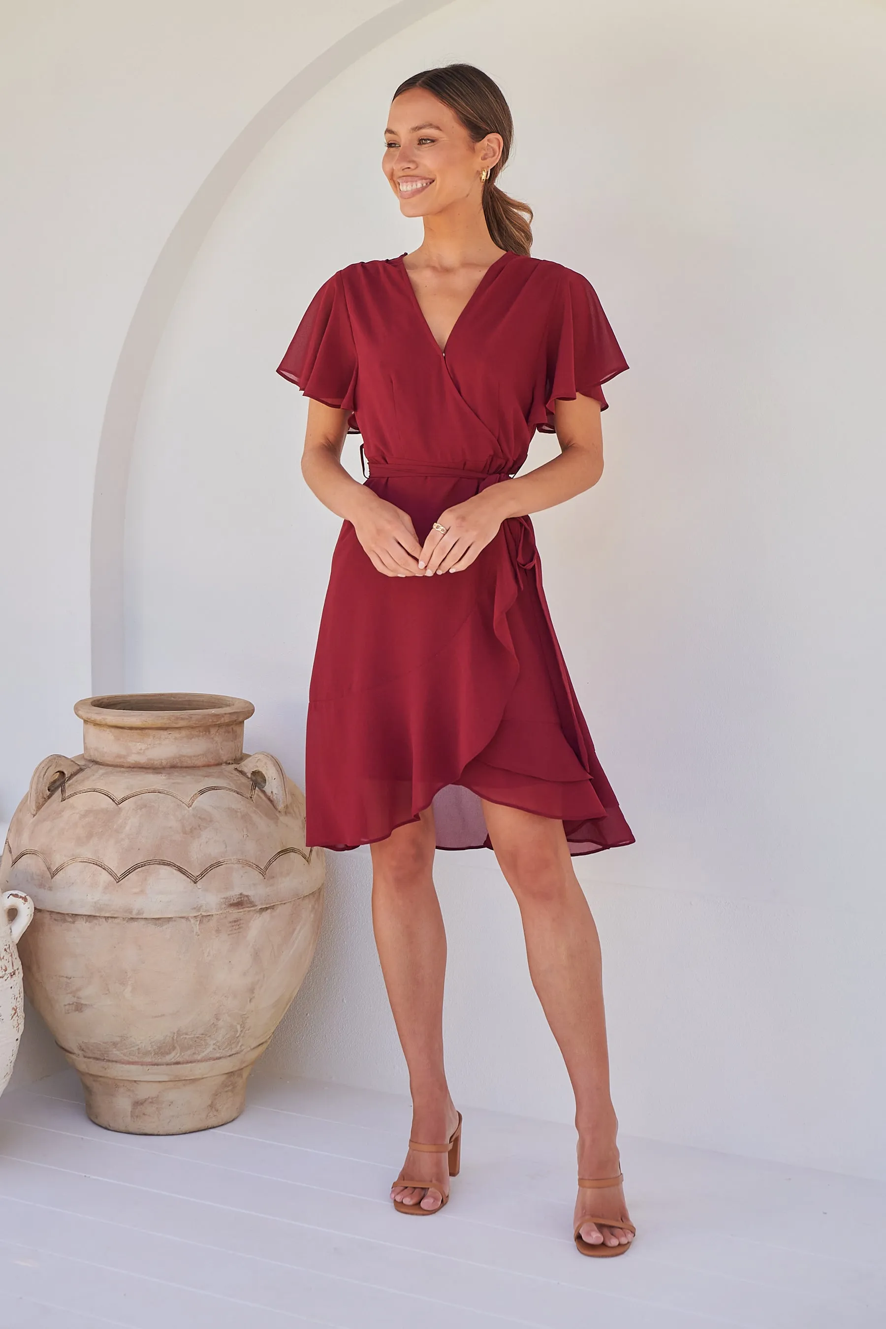 Zahara Chiffon Plum Red Cross Over Tie Waist Evening Dress