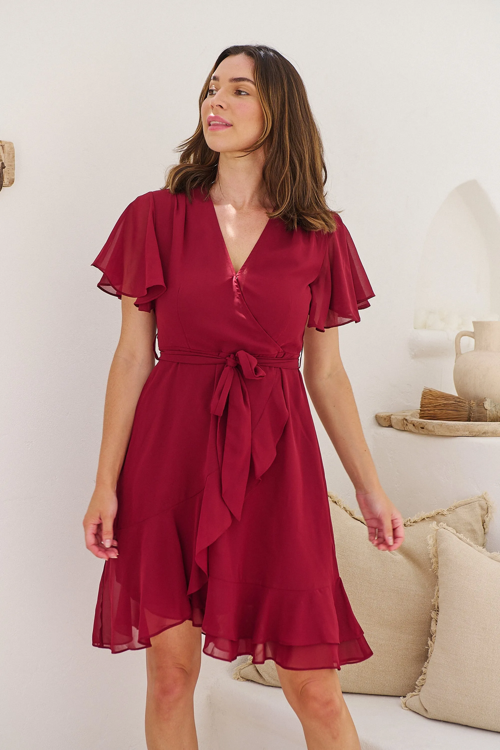Zahara Chiffon Plum Red Cross Over Tie Waist Evening Dress