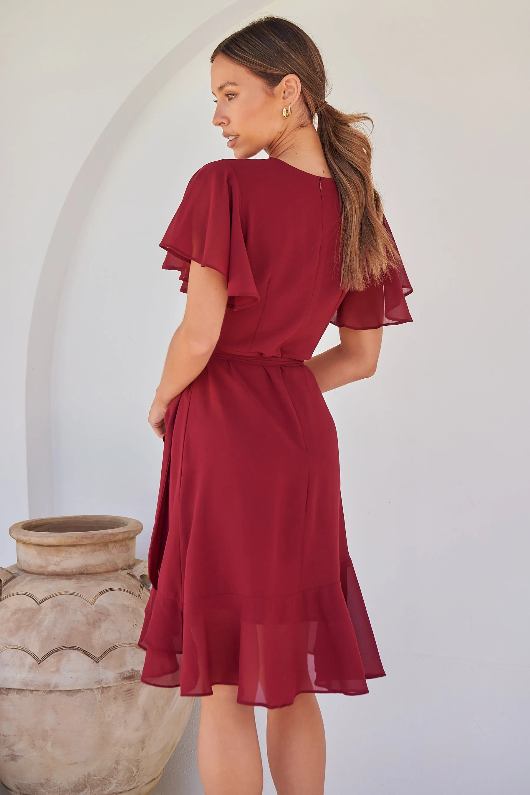 Zahara Chiffon Plum Red Cross Over Tie Waist Evening Dress