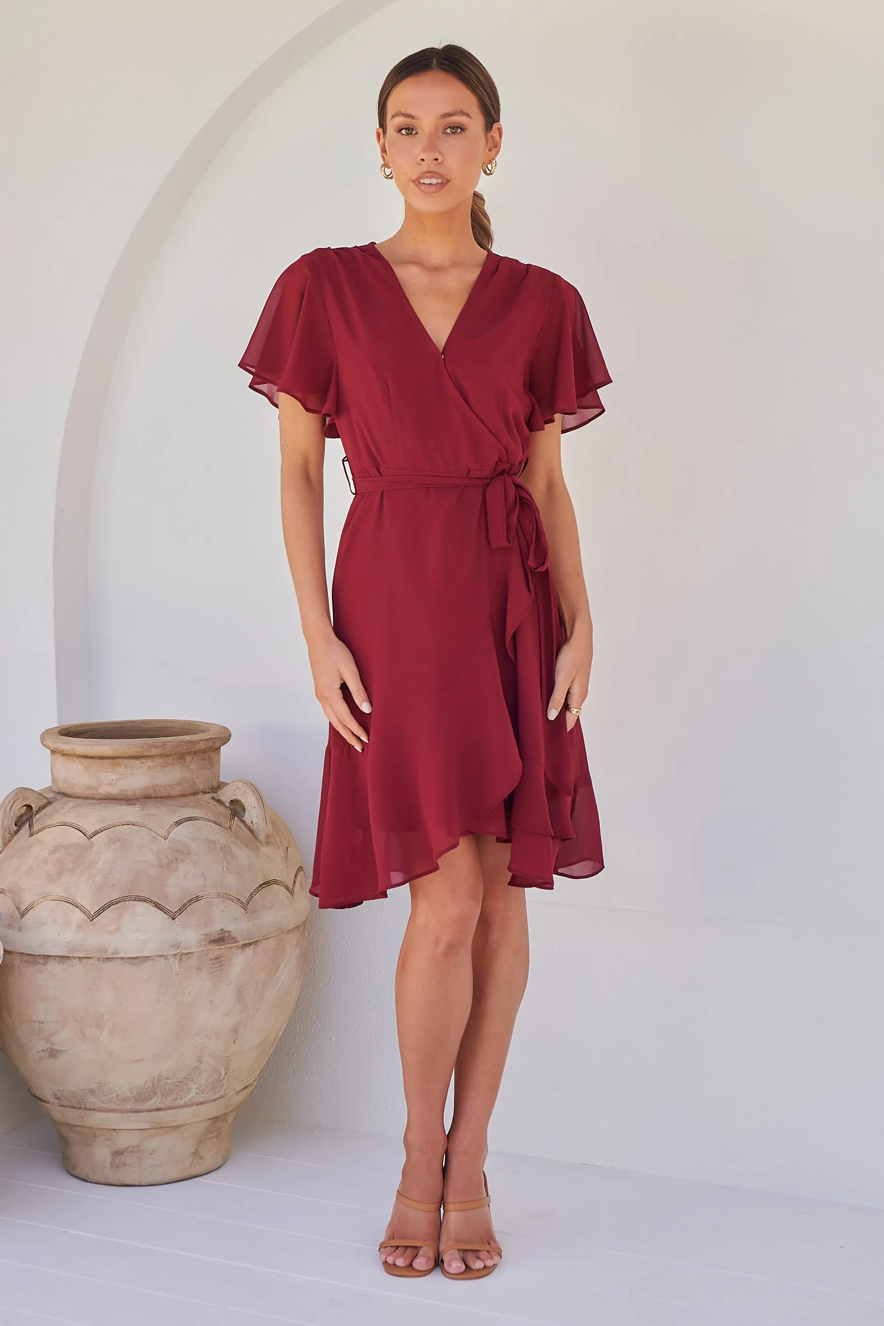 Zahara Chiffon Plum Red Cross Over Tie Waist Evening Dress