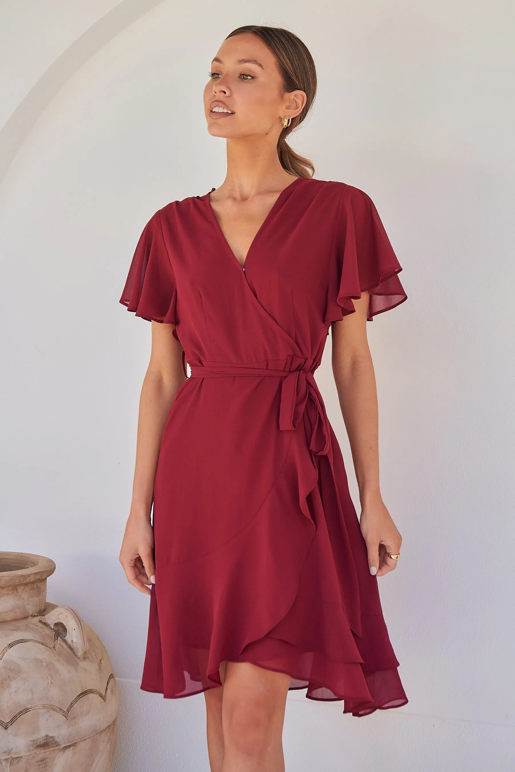 Zahara Chiffon Plum Red Cross Over Tie Waist Evening Dress