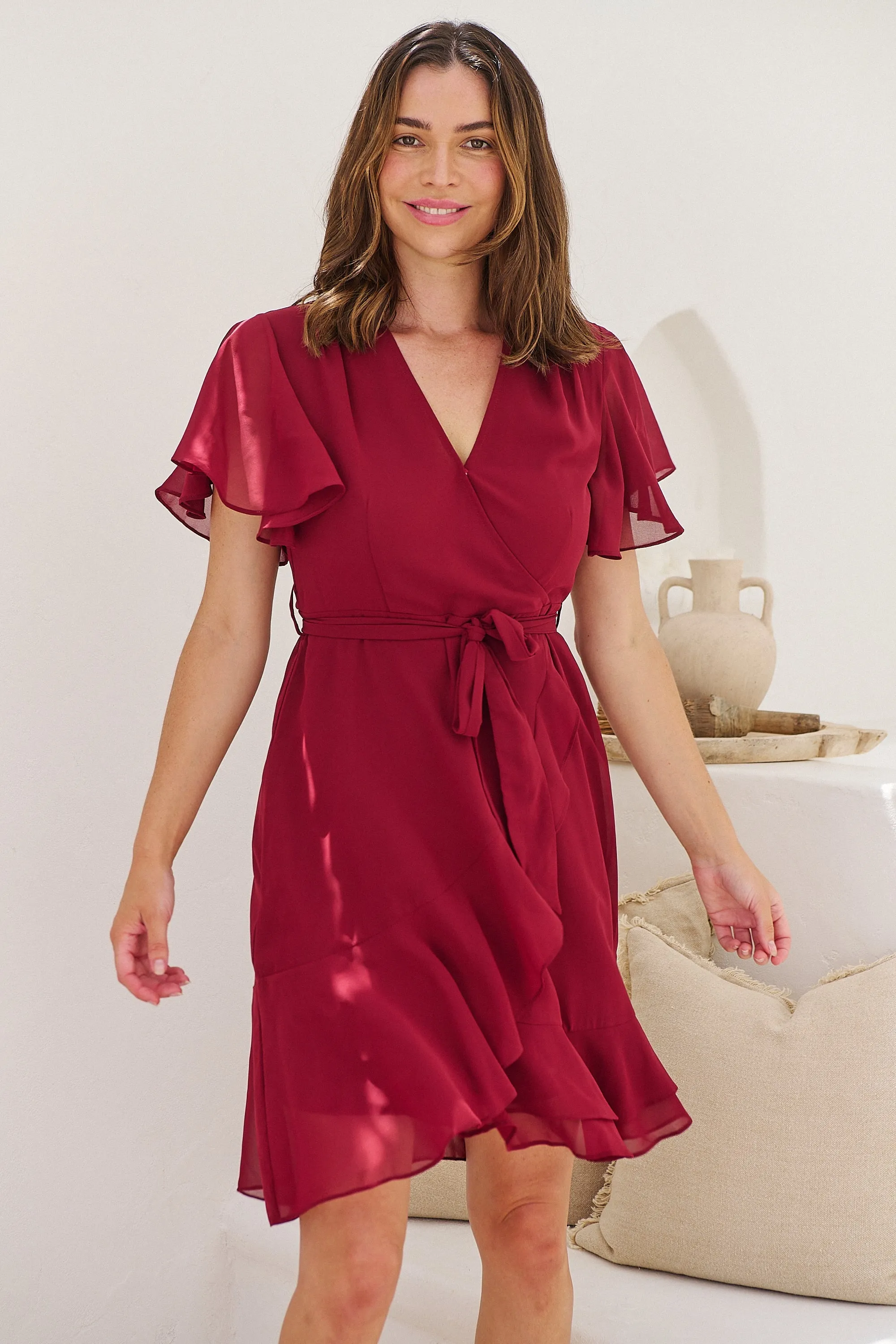 Zahara Chiffon Plum Red Cross Over Tie Waist Evening Dress