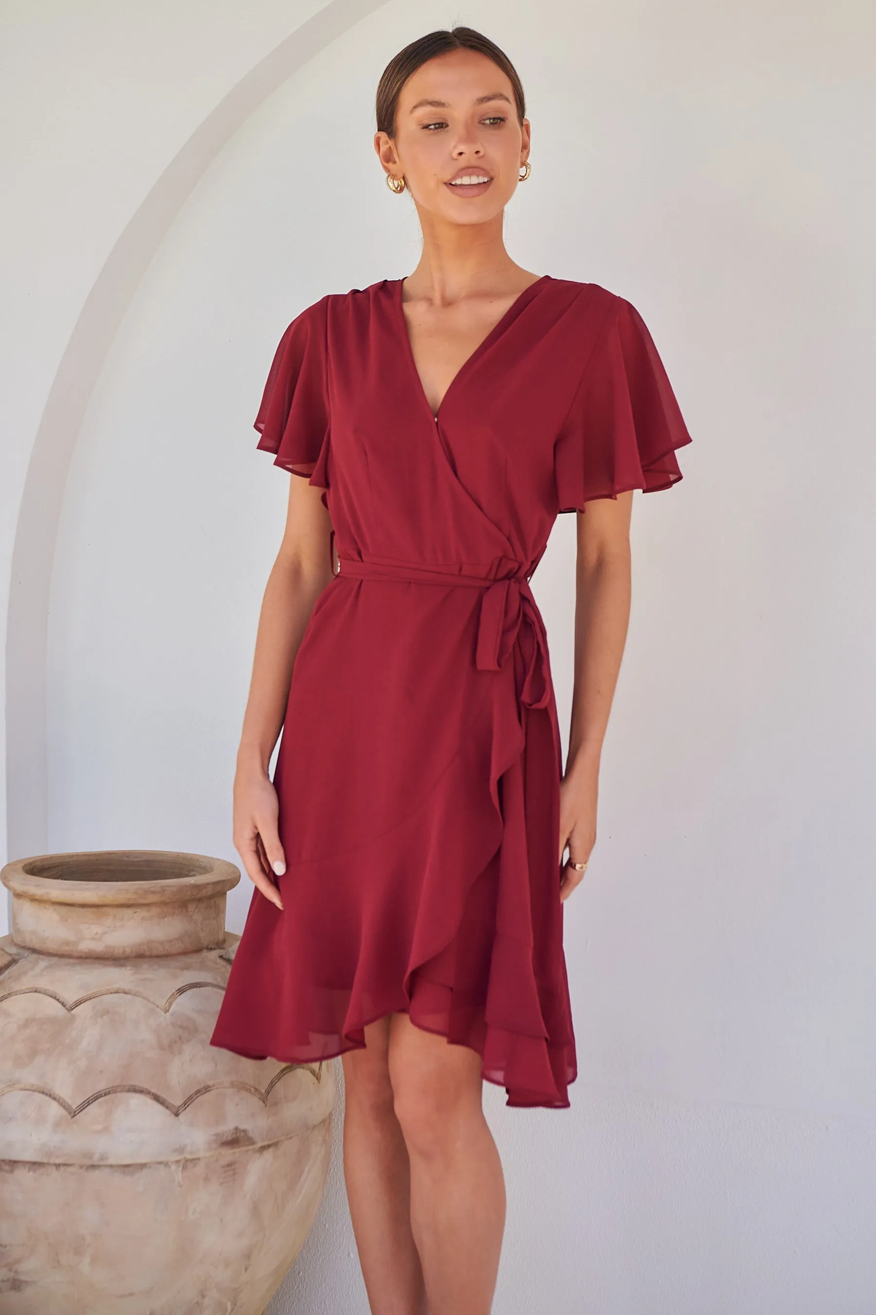 Zahara Chiffon Plum Red Cross Over Tie Waist Evening Dress