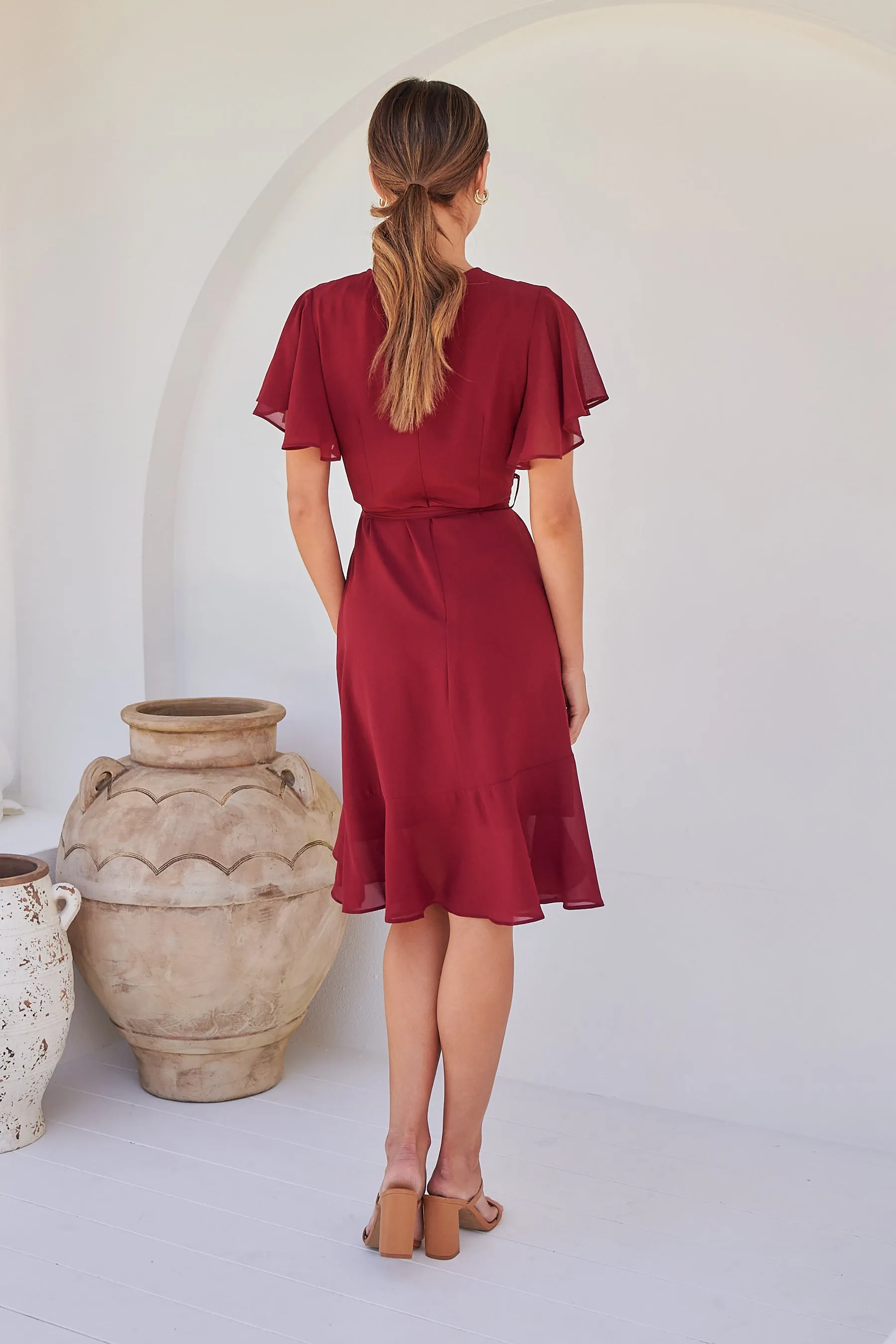 Zahara Chiffon Plum Red Cross Over Tie Waist Evening Dress