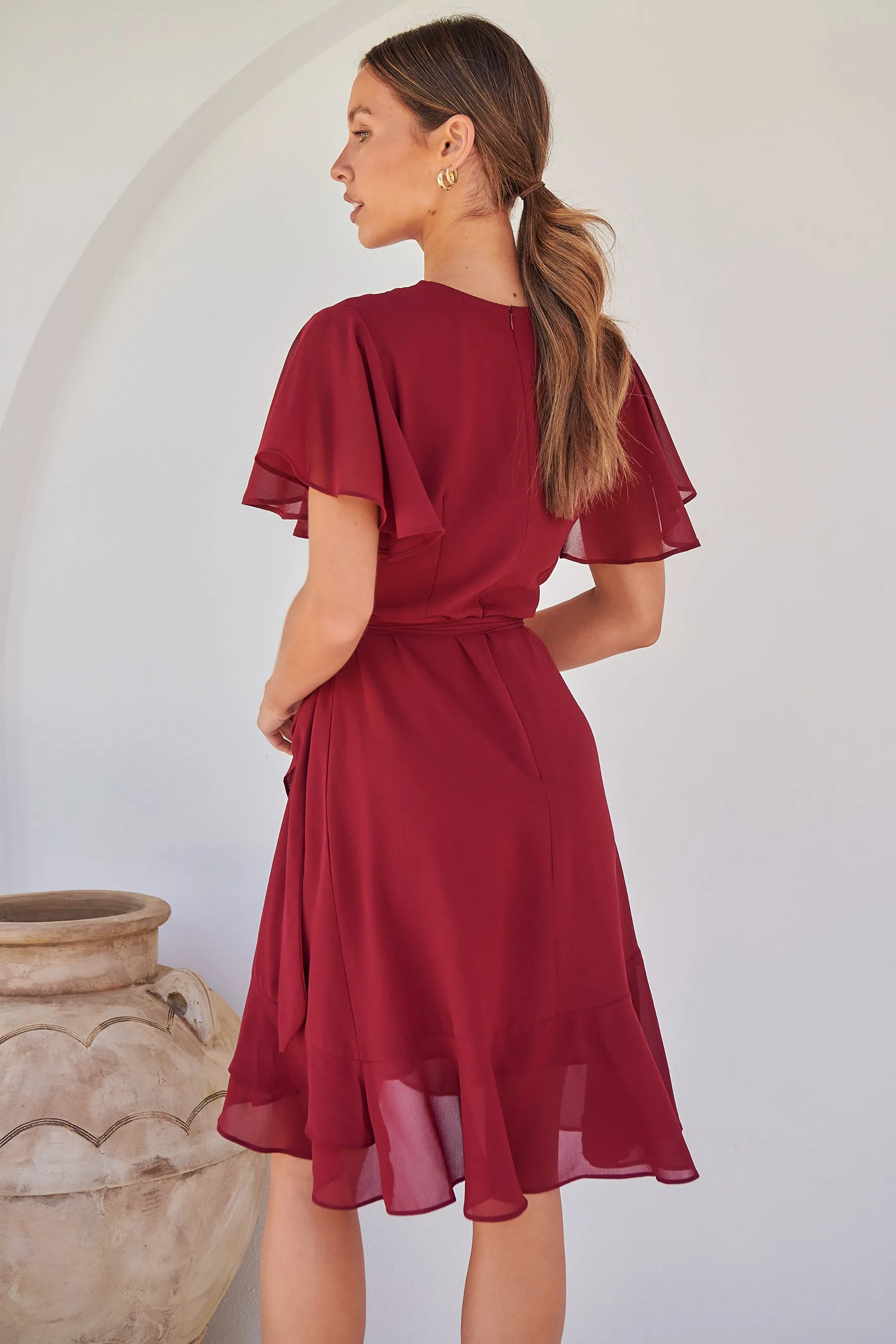 Zahara Chiffon Plum Red Cross Over Tie Waist Evening Dress