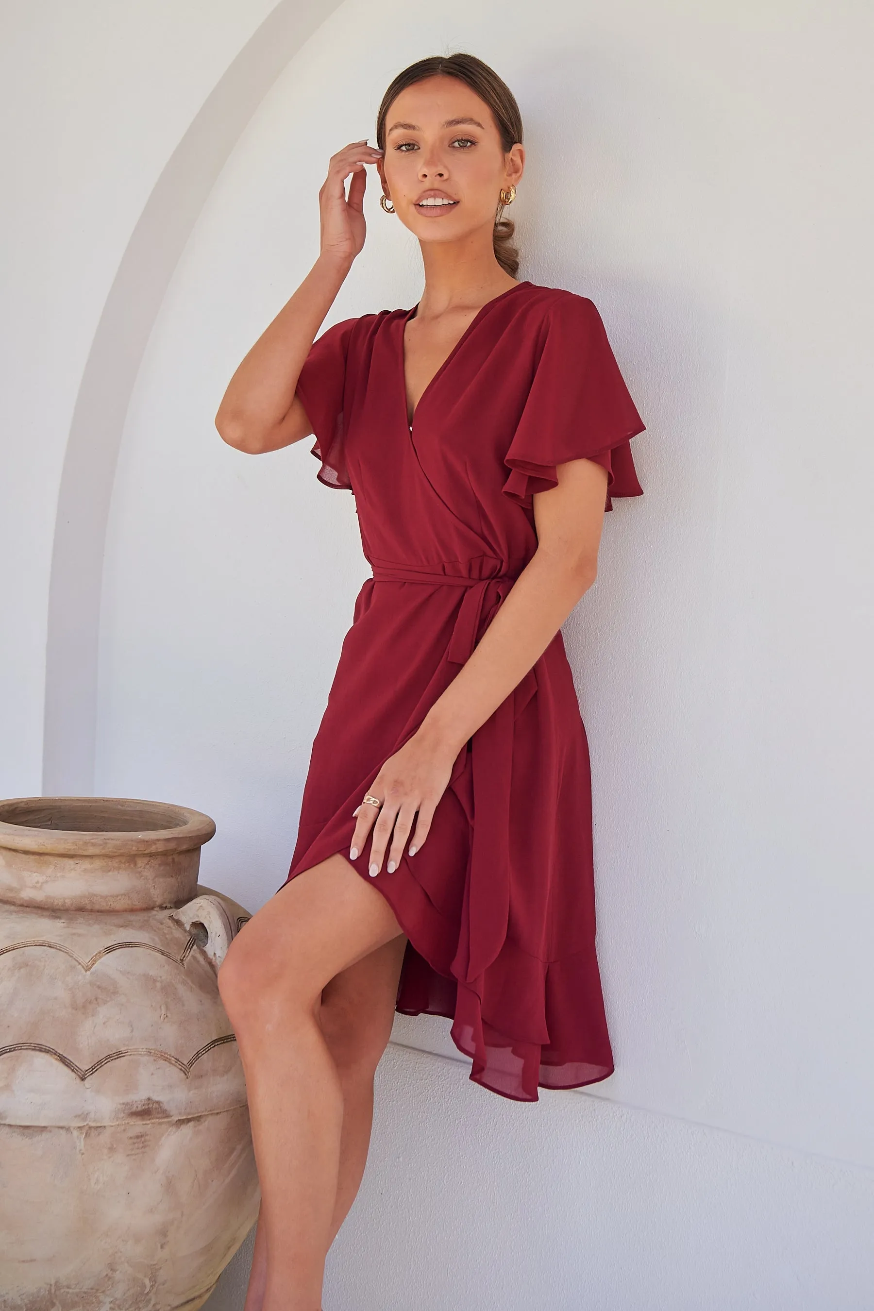 Zahara Chiffon Plum Red Cross Over Tie Waist Evening Dress