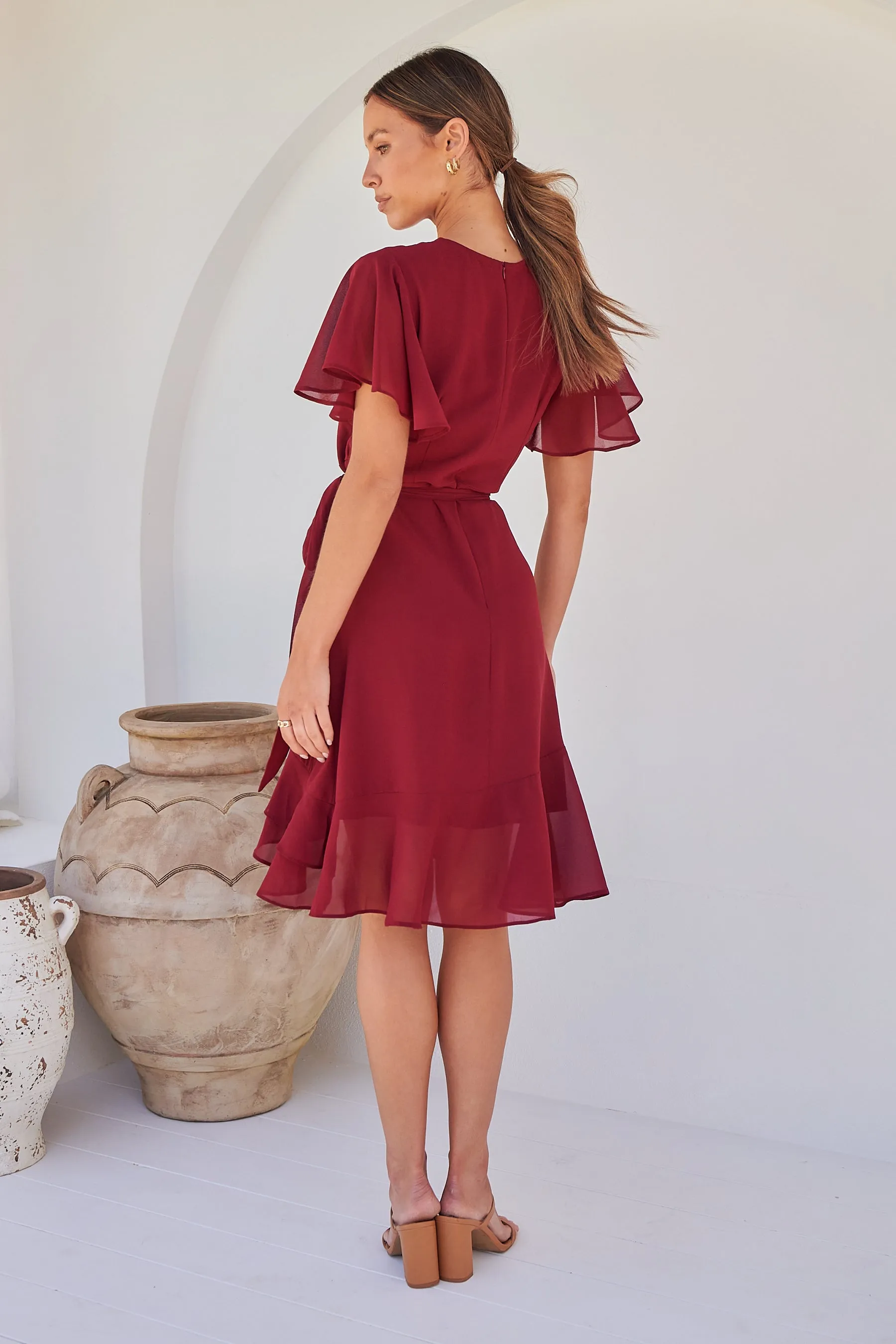 Zahara Chiffon Plum Red Cross Over Tie Waist Evening Dress