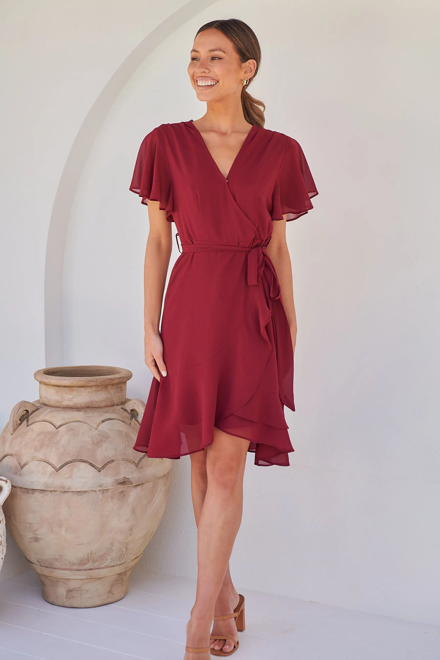 Zahara Chiffon Plum Red Cross Over Tie Waist Evening Dress
